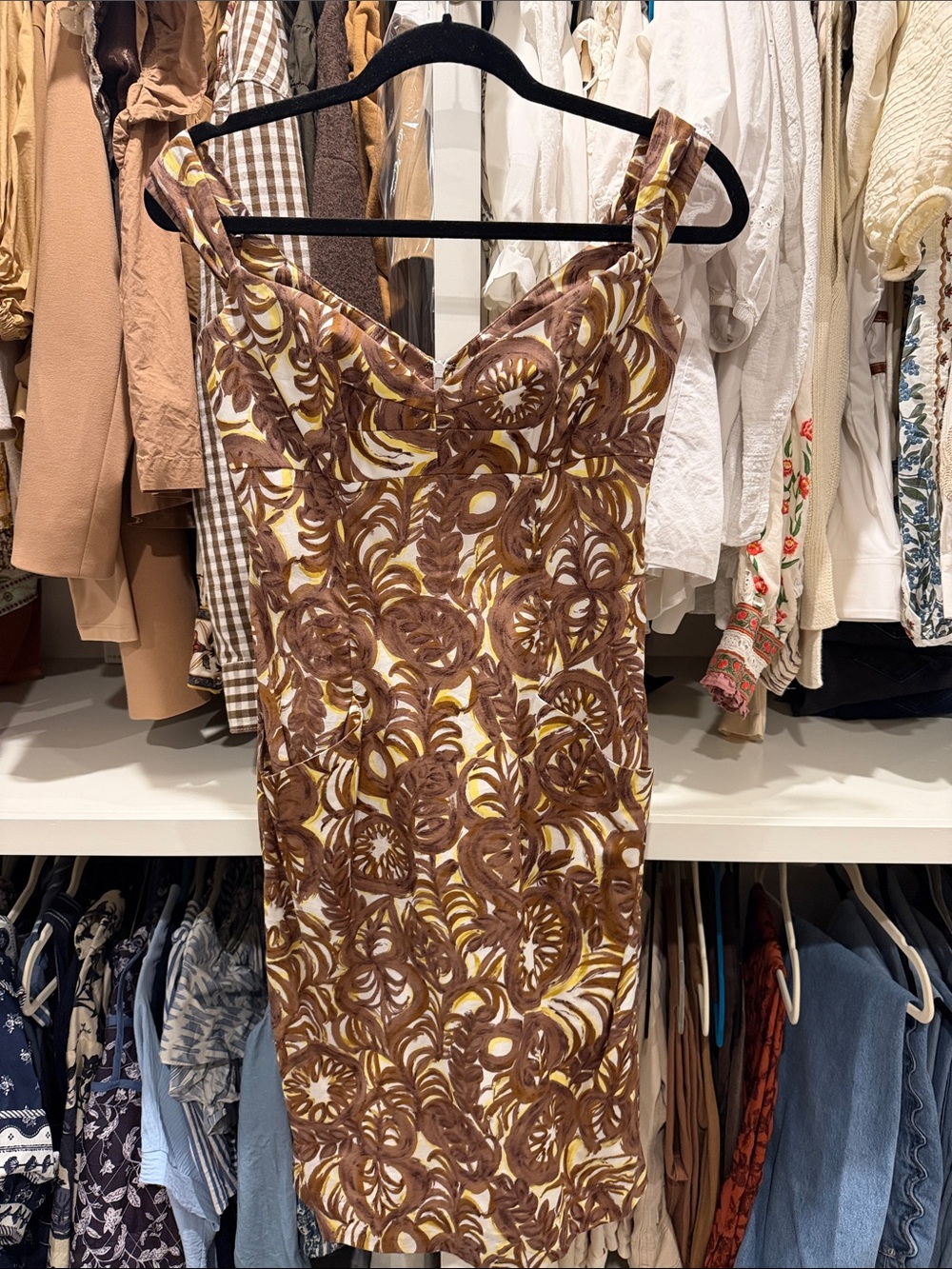 Milly Brown and Cream Floral Cutout Midi Dress